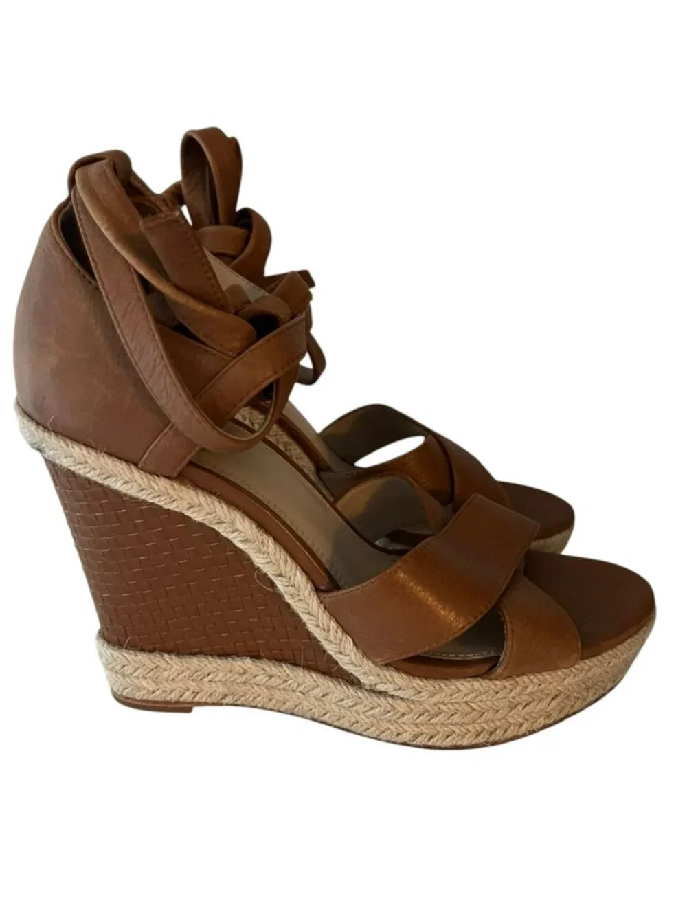 PAIGE Talia Cognac Leather Wedge Sandals Size 8.5